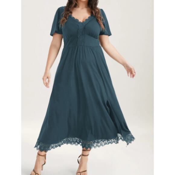 BLOOMCHIC SZ 28 5X Blue Solid Pocket Contrast Lace Split Maxi Dress NWT B48 - Picture 1 of 12